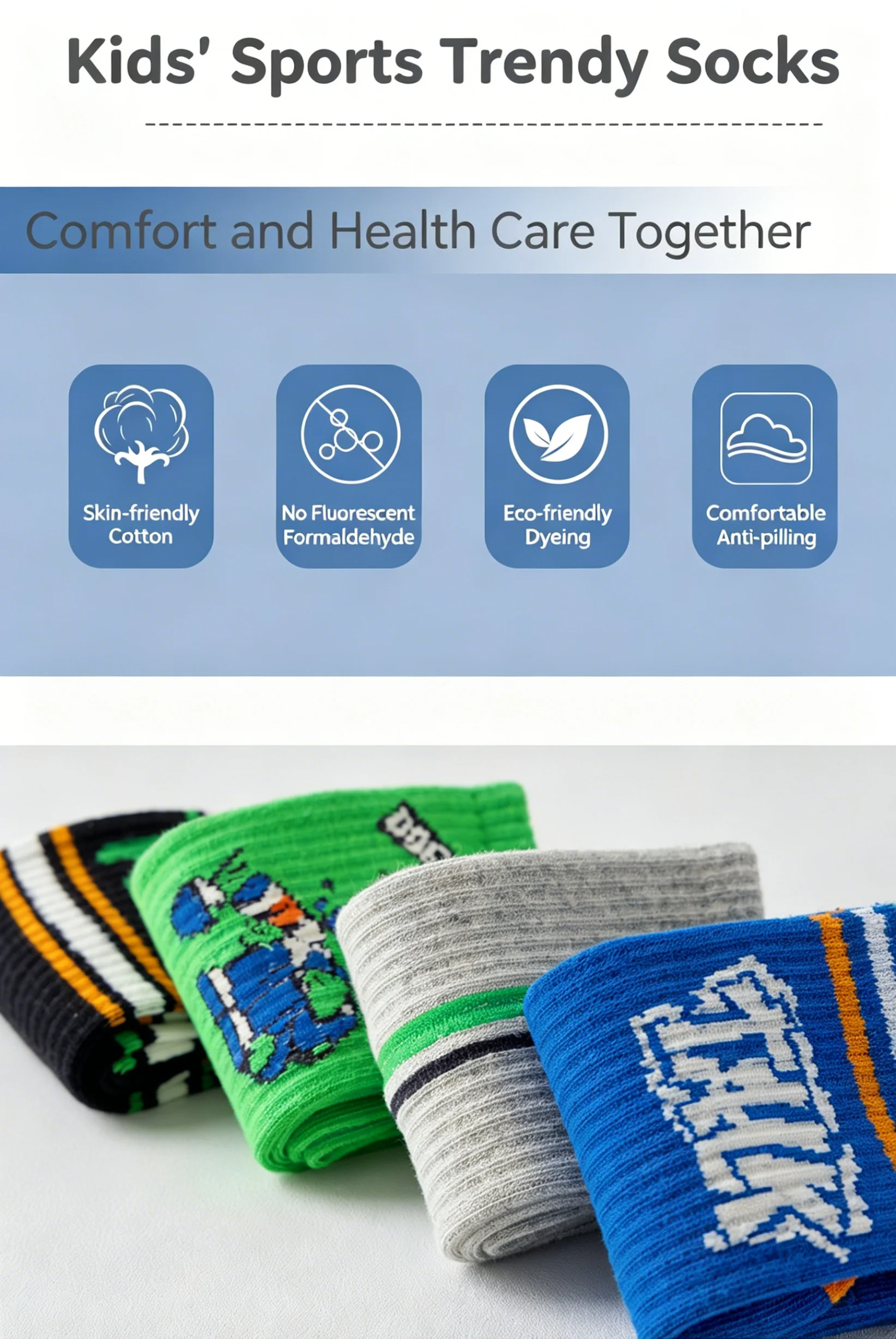 Baumwollsocken, 4 Paar, lange Socken, Kindersocken, Kniestrümpfe, gestreifte Sportsocken, Socken für Jungen und Mädchen, Skating-Socken, Sportsocken. – Detail 1