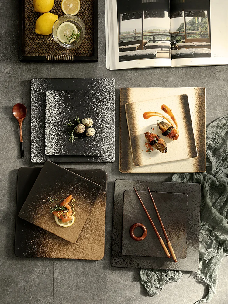 Plato Cuadrado de Cerámica con Esmalte de Color, Utensilios para Restaurante BBQ, Plato Plano para Asar Alitas de Pollo y Pescado, Vajilla Estilo Japonés