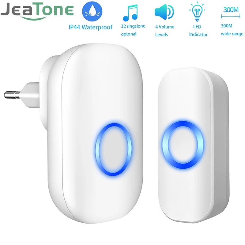 Jeatone New Wireless Doorbell Waterproof OutDoor Smart Home Door Bell Welcome Melodies Kit With Battery LED Flash Security Alarm