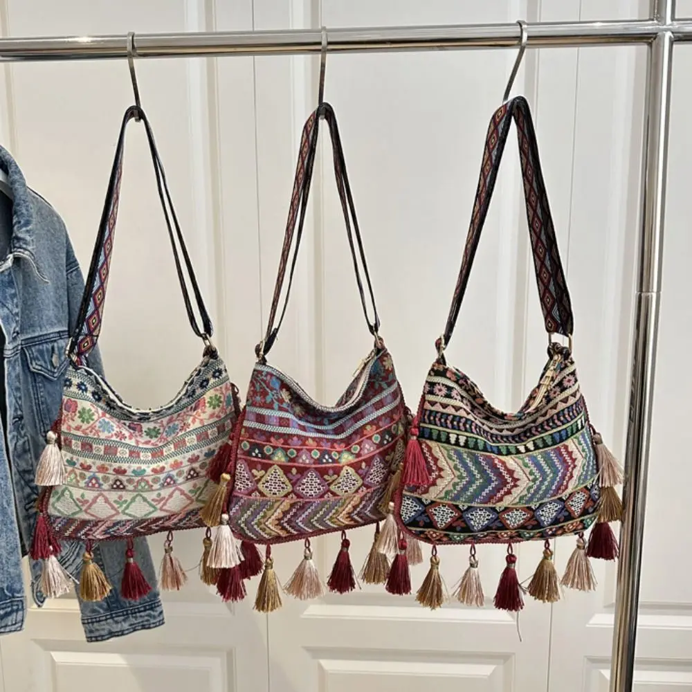 

Тканевые сумки через плечо в этническом стиле, большая вместительная сумка через плечо с кисточками в стиле ретро, богемная сумка-мессенджер с геометрическим рисунком, уличная сумка