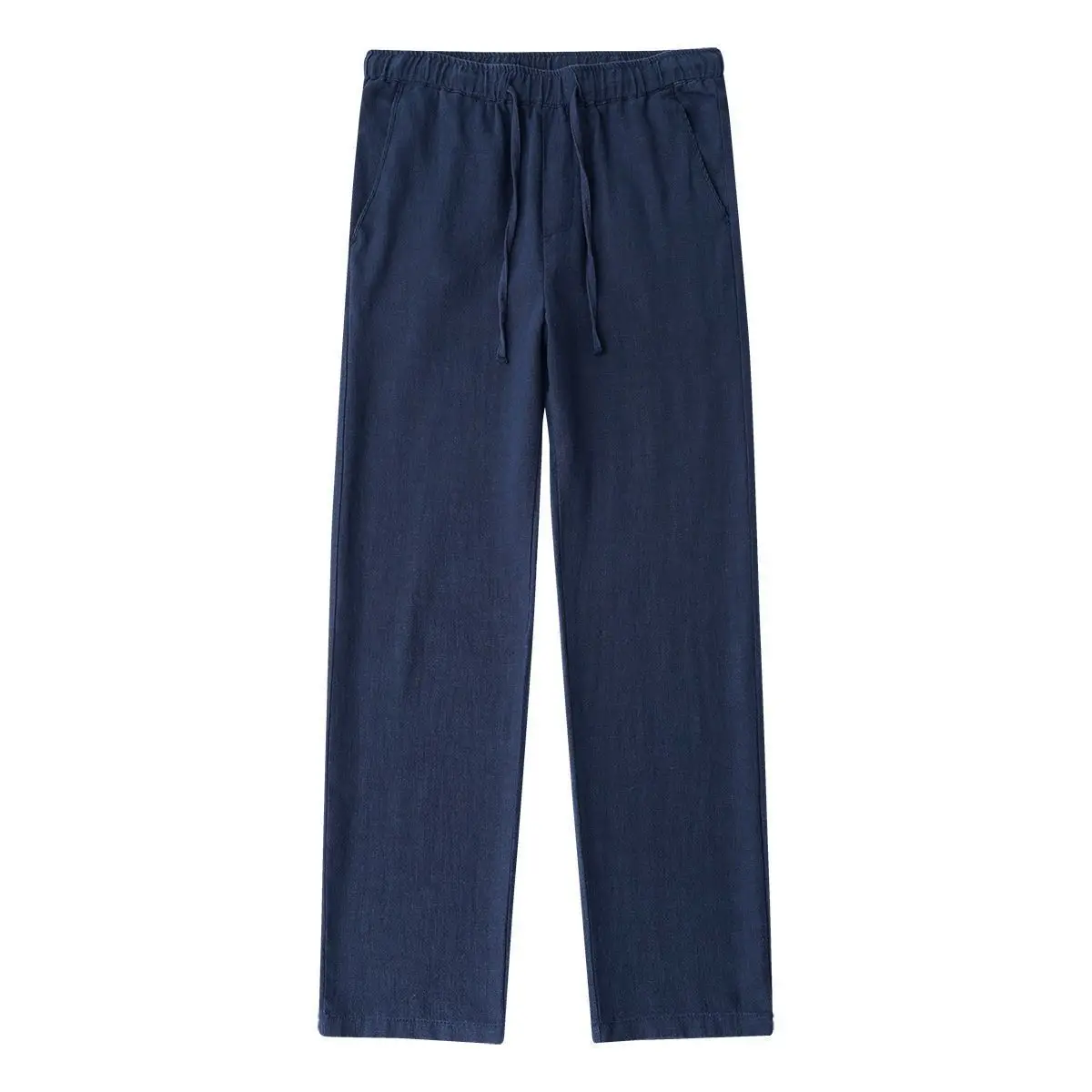 

Light Blue Summer Cotton Linen Dstring Loose Straight Leg Pants Breathable Casual Loose Waist Elastic Simple Color