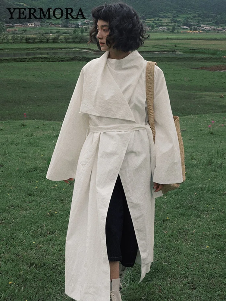 

YERMORA White Bandage Brief Elegant Trench Coat For Women Big Lapel Long Sleeve Windbreaker Fashion Spring Autumn 2025 New A667