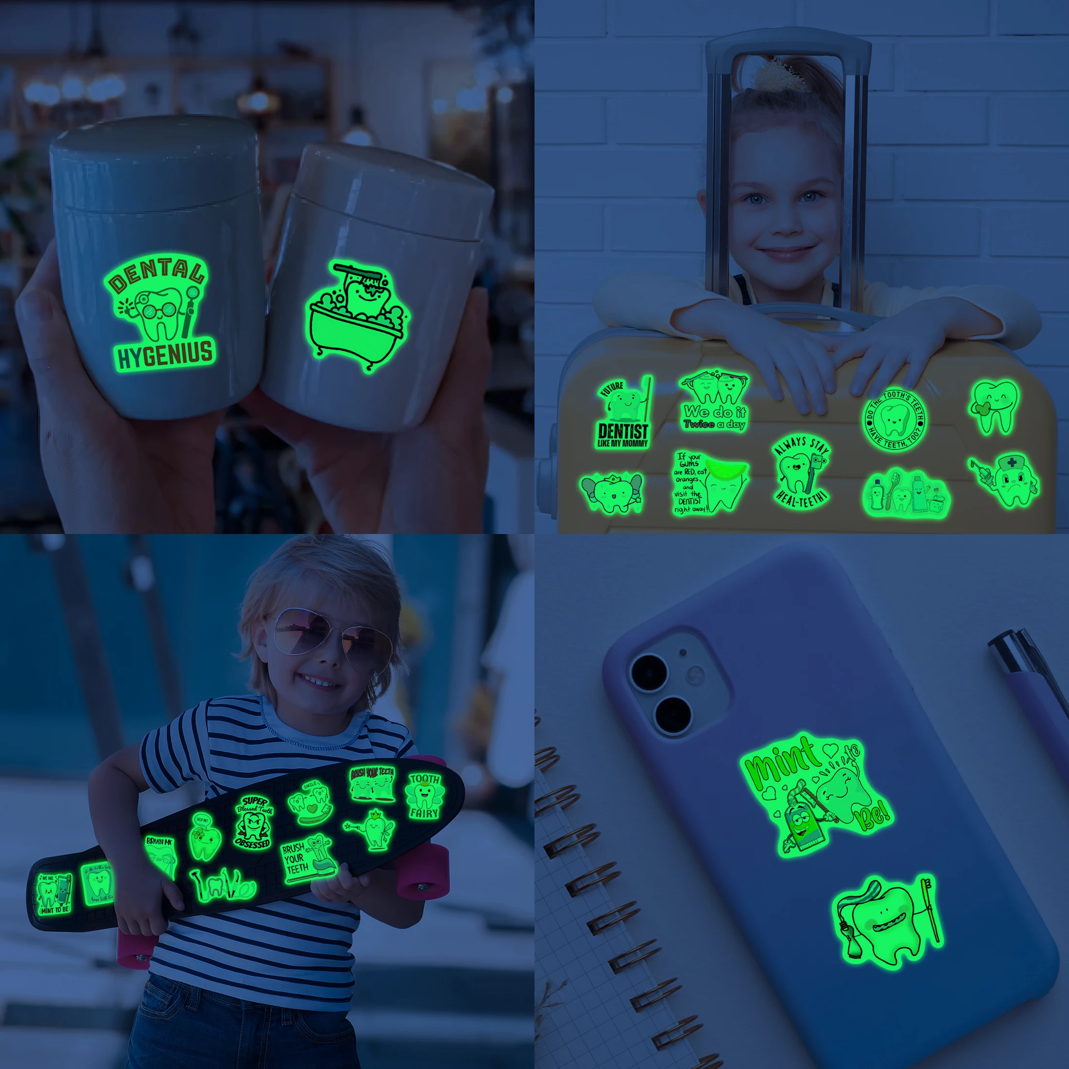 어둠 속에서 51 Pcs 광선 치과 건강 테마 스티커 치아 요정 방수 비닐 칫솔 물병 어린이를위한 노트북 데칼