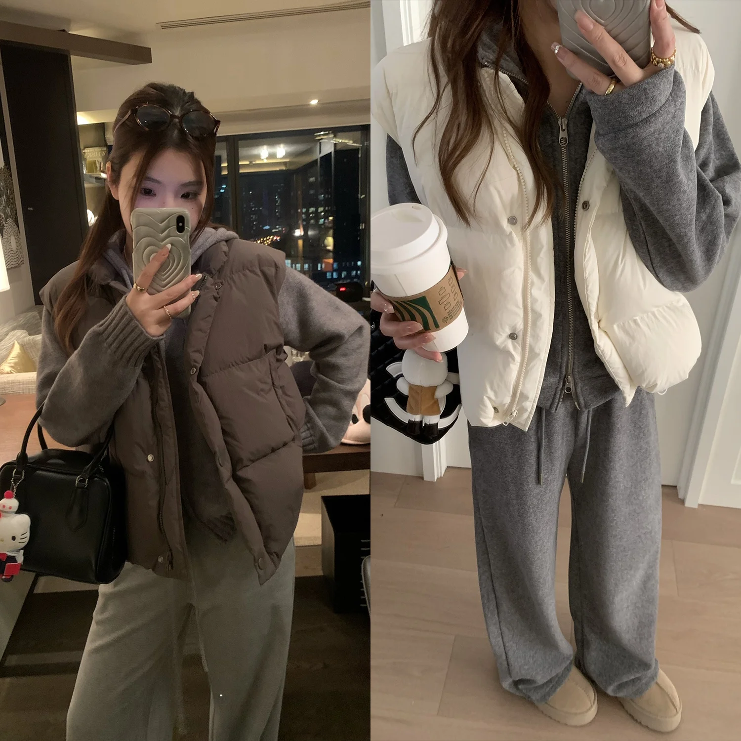 

Модный свободный женский пуховый жилет-джатик бежевого цвета от Y Studio для многослойного и слинга с верхней одеждой кофейного цвета