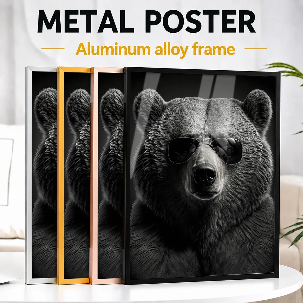 Bear Wearing Sunglasses Portrait Framed Metal Poster Personalized Nature Tribute Wall Art Perfect Within Room As Animal Fans