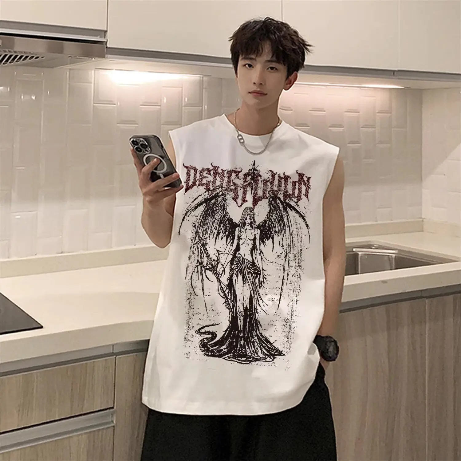 

Casual wing angel print round neck vest for men and women loose top