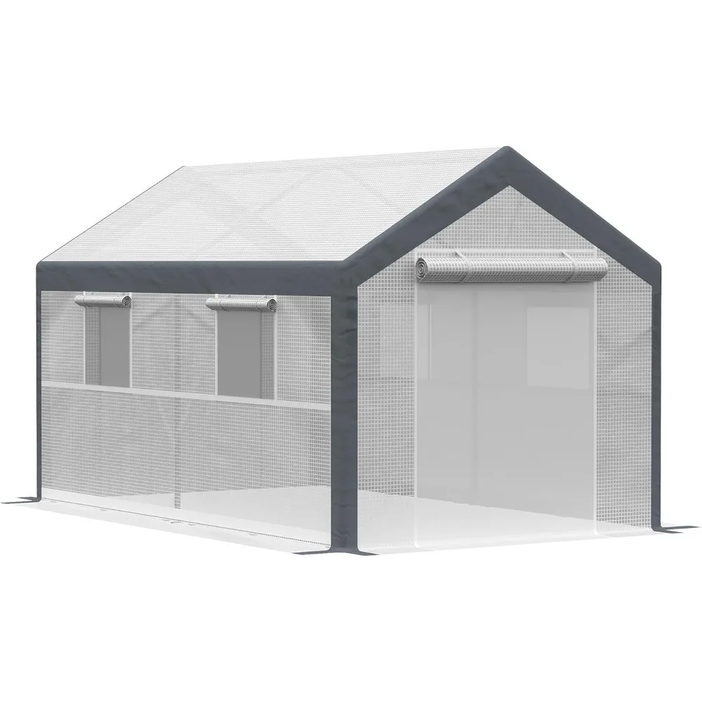 12' x 7' x 7' Walk-in Greenhouse, Outdoor Garden Warm Hot House with 4 Roll-up Windows, 2 Zippered Doors and Weather Co