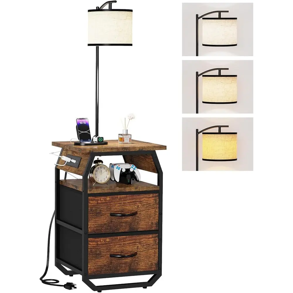 Rustic Brown Lamp Table Combo with 3-Color Bulb, 2 Drawers, and Charging Port