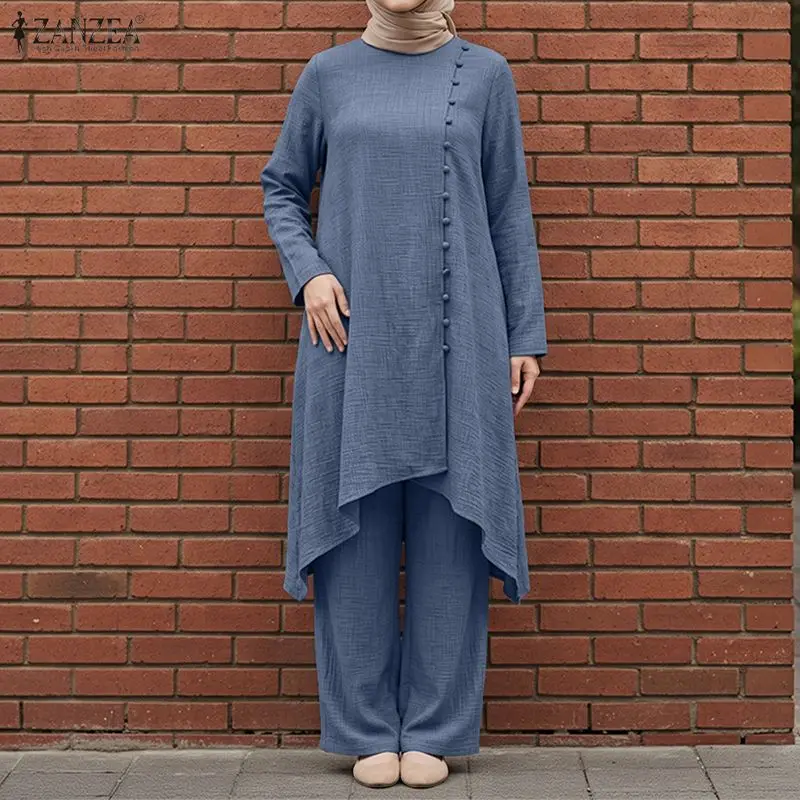 ZANZEA Women Muslim 2 Pieces Sets Casual O Neck Full Sleeve Long Tops With Wide Leg Pant Sets Abaya Suit Kaftan Ramadan Outfits