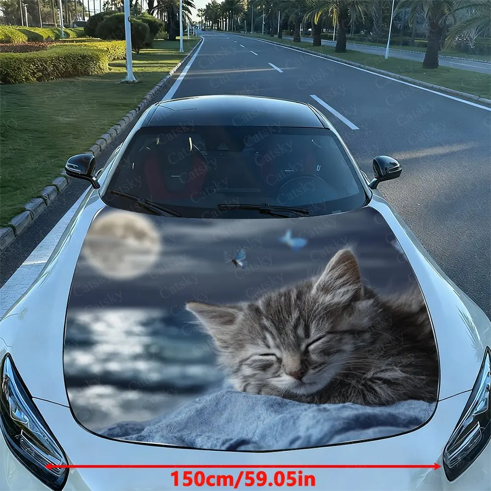 Soft And Cute Sleeping Cat Butterfly Moonlit Design Car Hood Stickers, Easy To Remove And Durable Car Parts, PVC Material Hood S