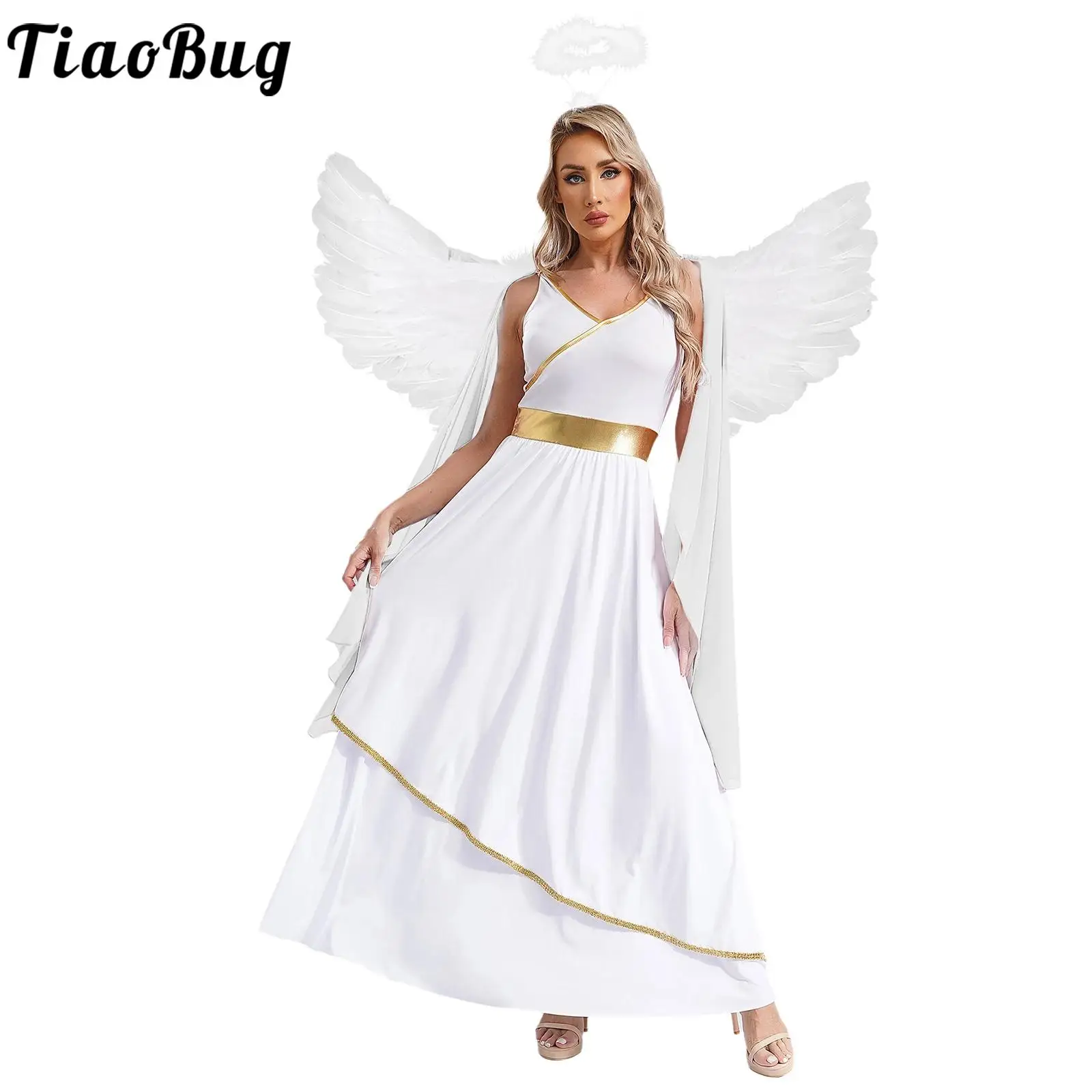 Women Anime Cosplay Angel Costumes Halloween Greek Princess Toga Dress with Feather Wings Set for Performance Dress Up Party