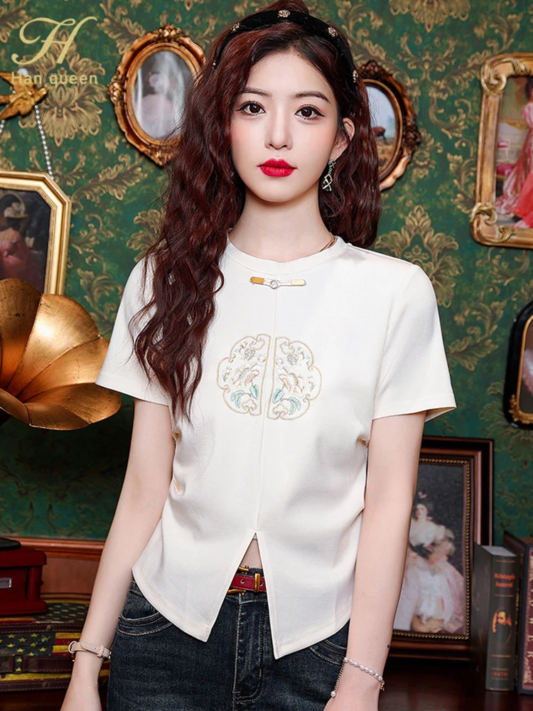 H Han Queen 2024 Summer Clothes Short Sleeve Office Vintage Tops Chic Korean Blouses Women Simple Basics Casual Vintage T-Shirts