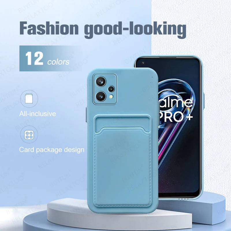 Card Slot Holder Phone Case For Realme 9 Pro+ Liquid Silicone Soft TPU Cover For OPPO Realme 9 Pro Plus 9Pro Shockproof Shell