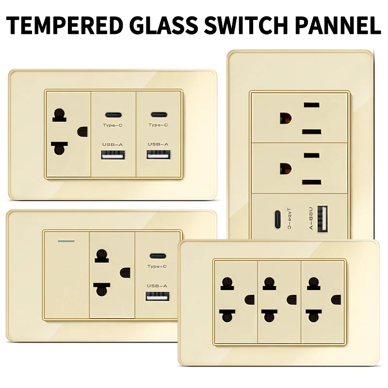 Glass Panel Wall SocketUS Mexico Standard, USB + Type-C Charging, Push Button Switch, Multi-Gang for Home Use