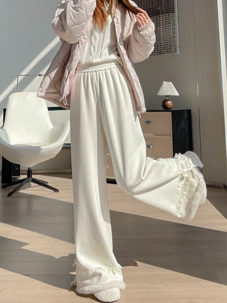 กางเกงขายาวทรงตรงผ้าถักแต่งขอบลูกไม้เก๋ไก๋สำหรับผู้หญิง ไซส์เล็ก น่ารัก ผ่าข้าง เอวสูง ใส่สบาย เหมาะสำหรับฤดูหนาว