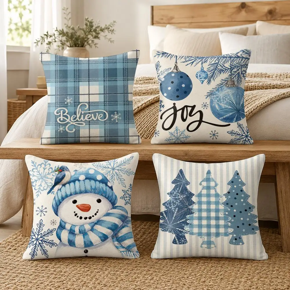 Blue Snowman Trees Ornaments Cushion Cover Silky Short Plush Invisible Zipper Dustproof Sofa Pillow Case For Home Decor