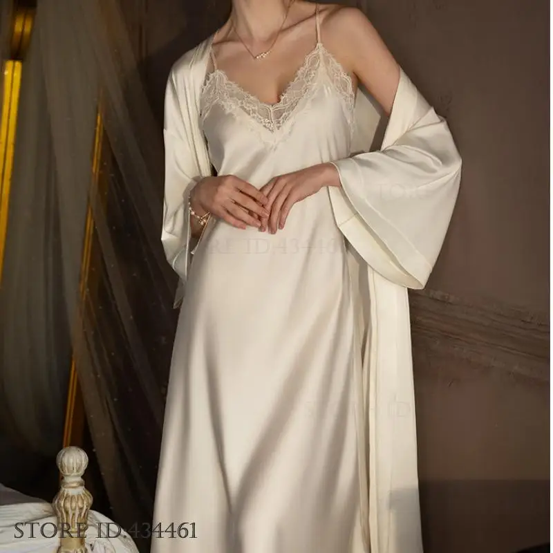 Plus Size Long 2PCS Robe Nightgown Set Pajama Elegant Kimono Bathrobe Gown Sleepwear Summer Sexy Women's Homewear Loungewear