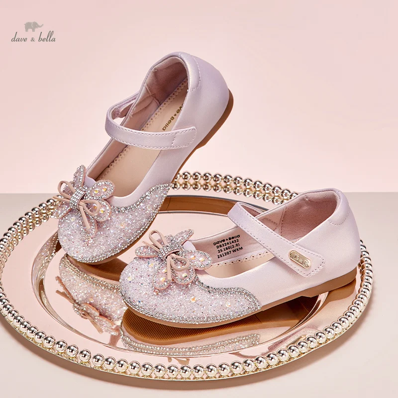 Dave Bella Children Girls Princess Shoes Spring Autumn Leather Shoes Pearl Bow Dance Shoes Girls Flats Non-slip Shoes DB3241422