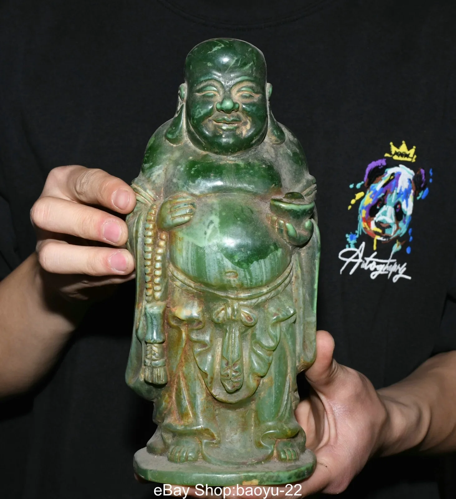 10'' Old Dynasty Buddhism Green Jade Carved Happy Laugh Maitreya Buddha Statue