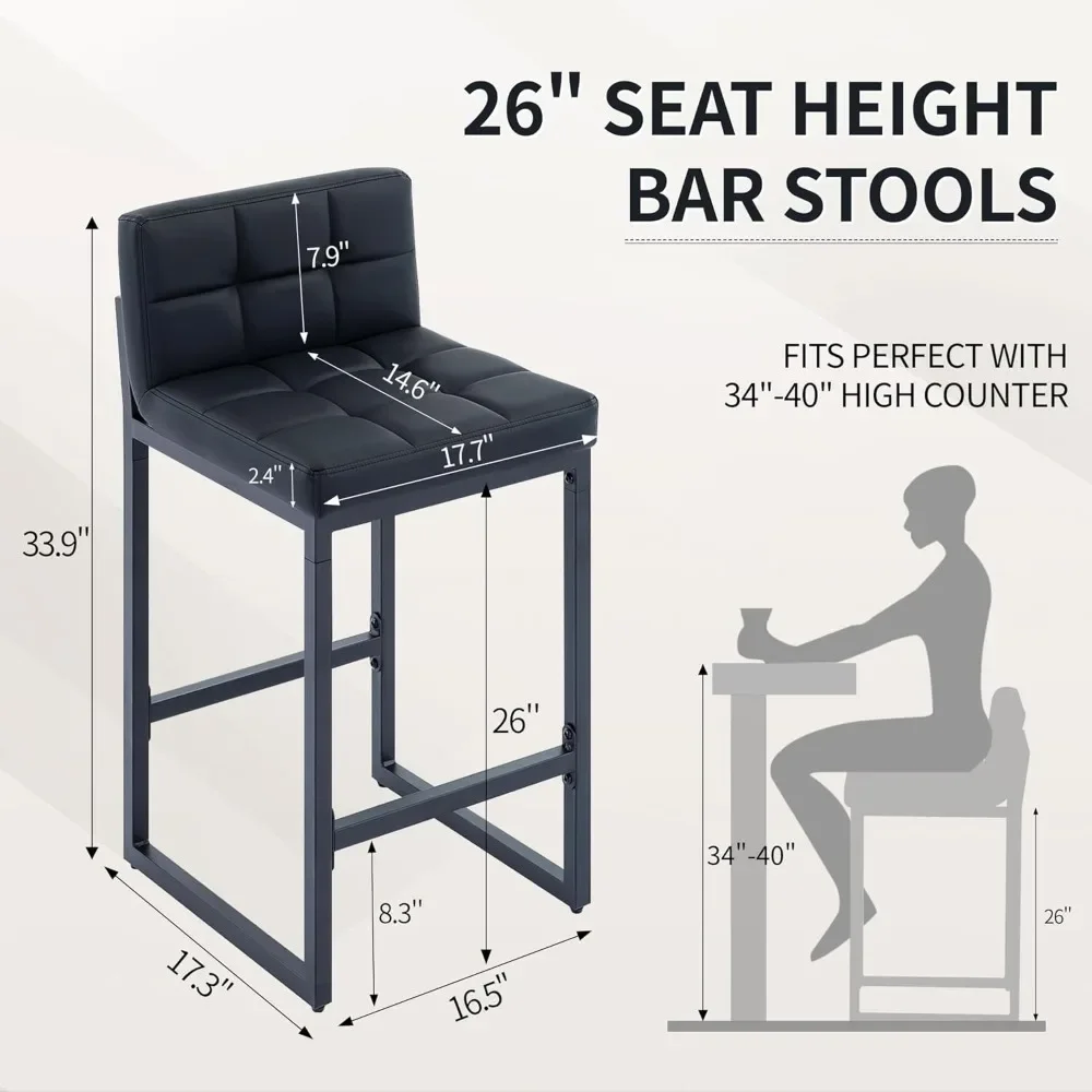 Kursi Bar Set Isi 3, Kursi Bar Tinggi Penghitung Kulit Imitasi Berlapis dengan Punggung Rendah dan Kaki Logam Tebal