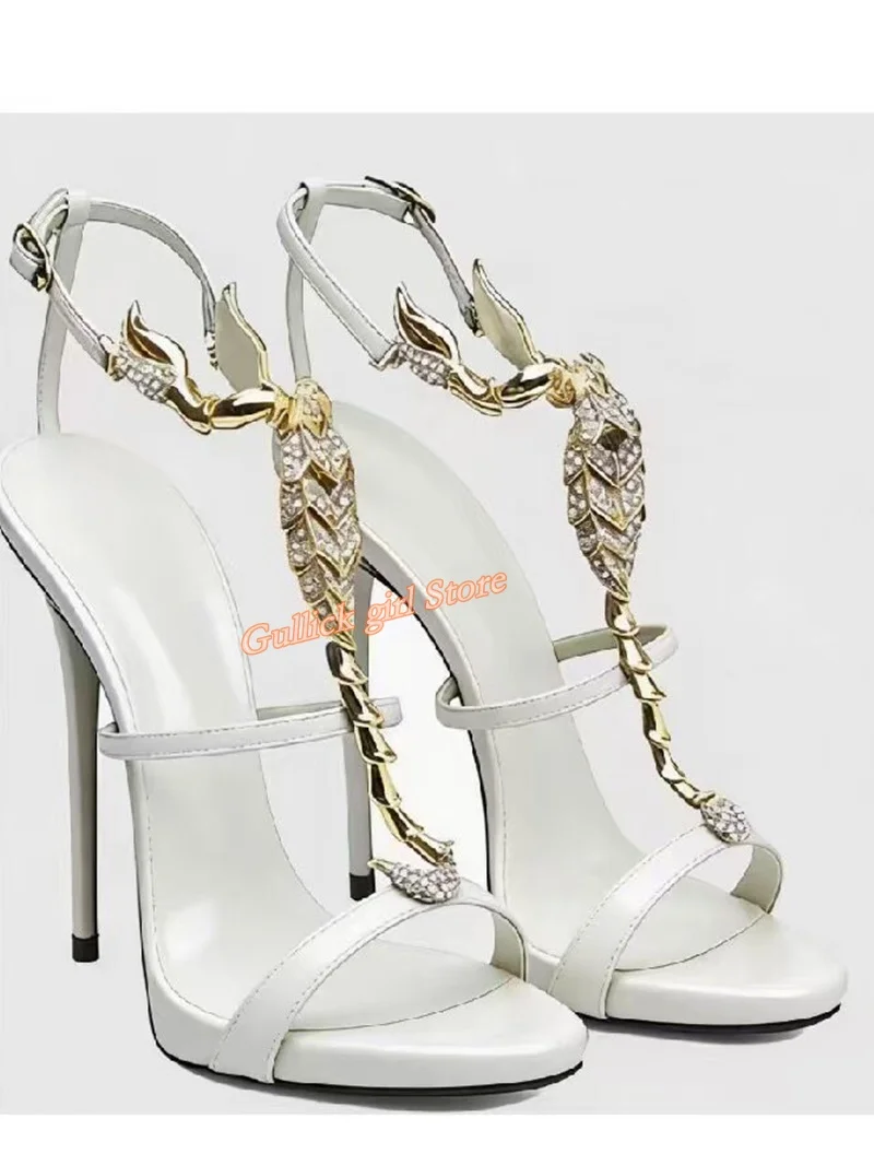 Metallic Scorpion Metal Buckle Sandals Thin High Heel Runway 2026 Summer Women Dress Shoes Ankle Buckle Strap Gold Handmade