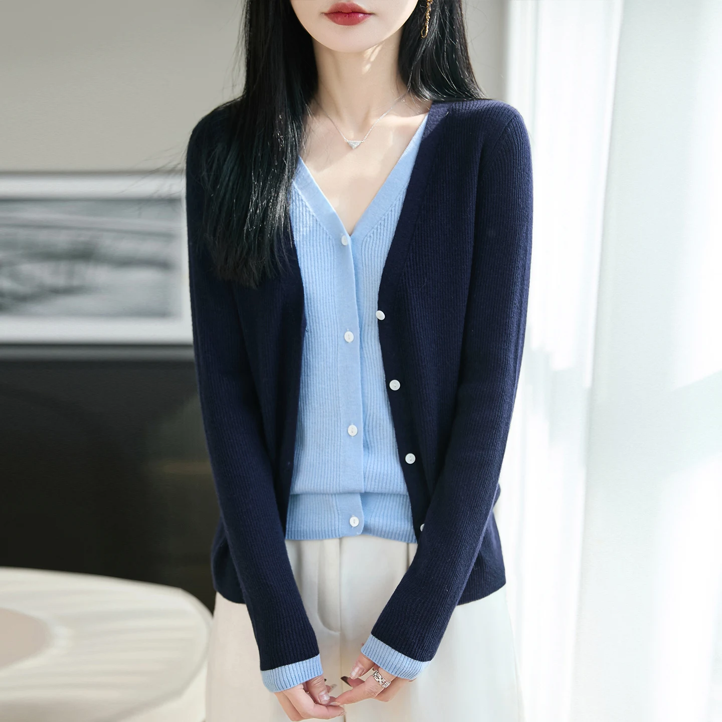 

Fake Two Piece Fine Spun Wool Blend Cardigan Women V Neck Knit Sweater 31 Wool Slim Fit Long Sleeve Casual Office Daily Wear