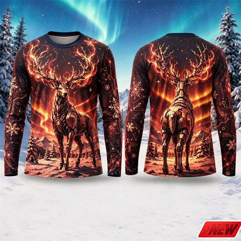 Christmas Long Sleeve T Shirt Men 3D Print Mechanical Robot Reindeer Snow Mountain Pattern Tee Xmas Holiday Daily Unisex Top