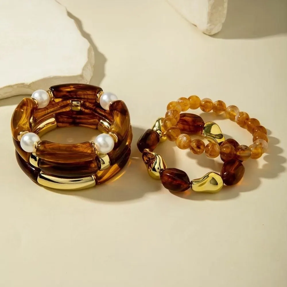 5pcs Boho Beaded Bracelet Set ‌Stackable ‌Tortoiseshell Bangle Bracelet Set Brown Handmade Wristband Jewelry Women's Jewelry