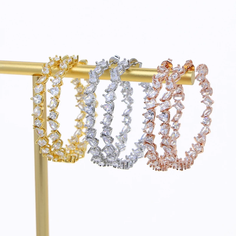 Summer New Fashion Jewelry Iced Out Bling 5A Cubic Zirconia Various Shaped 45mm Big Huggie Hoop Earring Women Charm Party Gifts