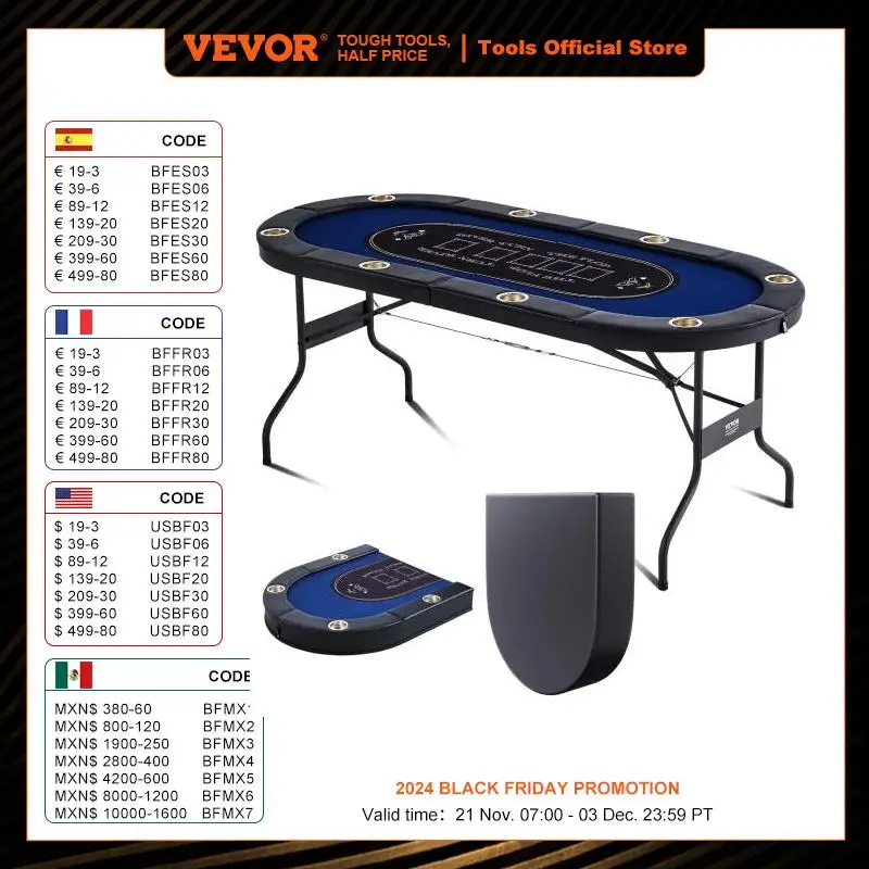 VEVOR 8 Player Foldable Poker Table Blackjack Texas Holdem with Padded Rails and Stainless Steel Cup Holders Blue