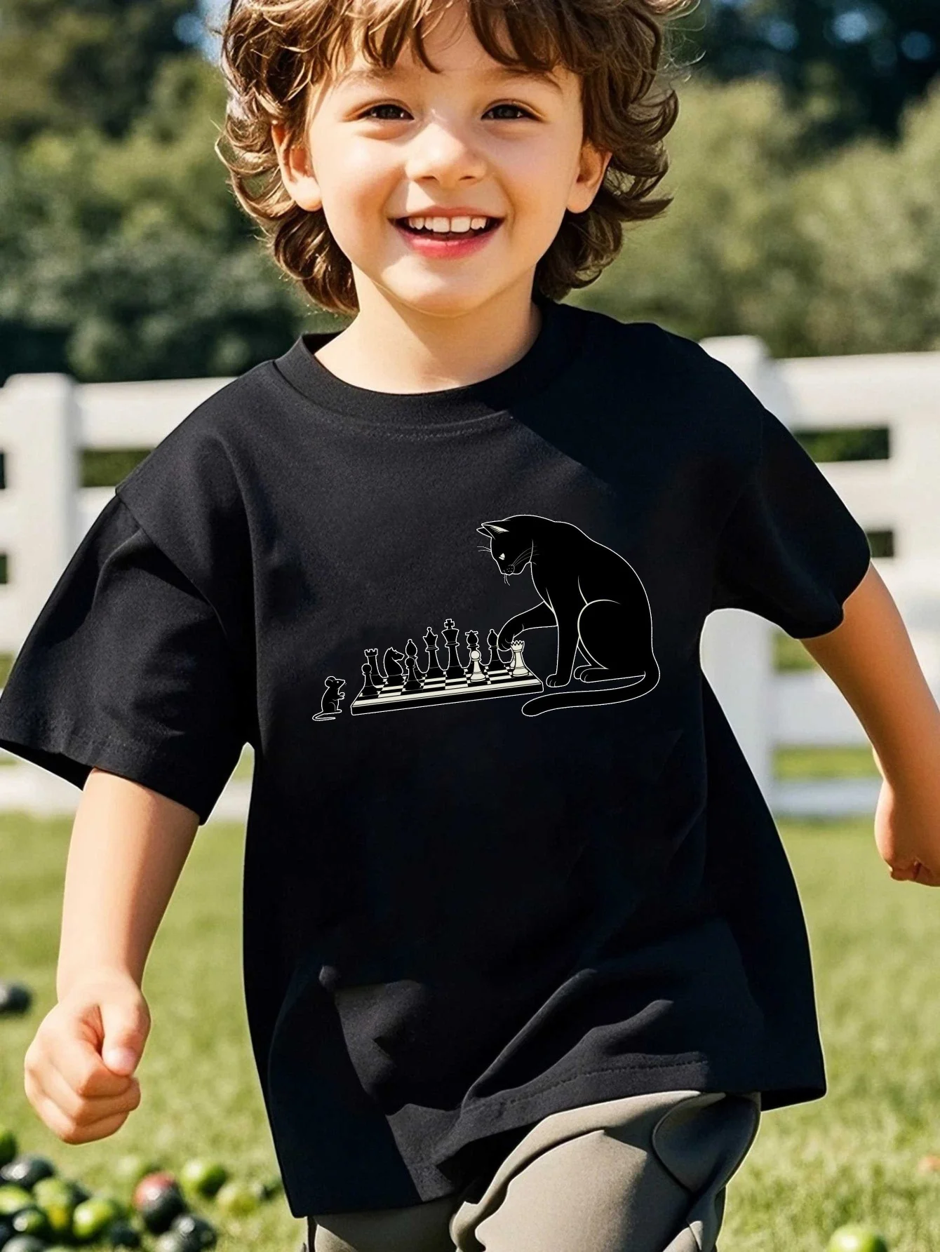 Family Matching T Shirt Black Cat Playing Chess Graphic Print Short Sleeve Cotton Tee For Boys Girls Kids Daily Casual Wear