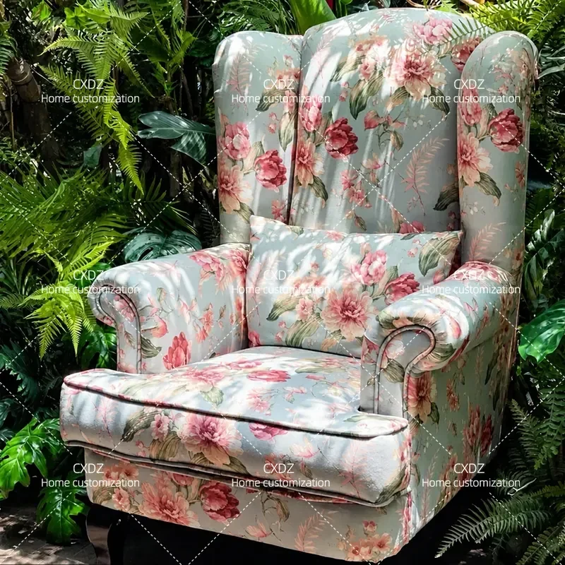 American Retro Fabric Single Sofa Recliner French Large Color Pastoral Tiger Chair Casual High Back Photography Photo Prop