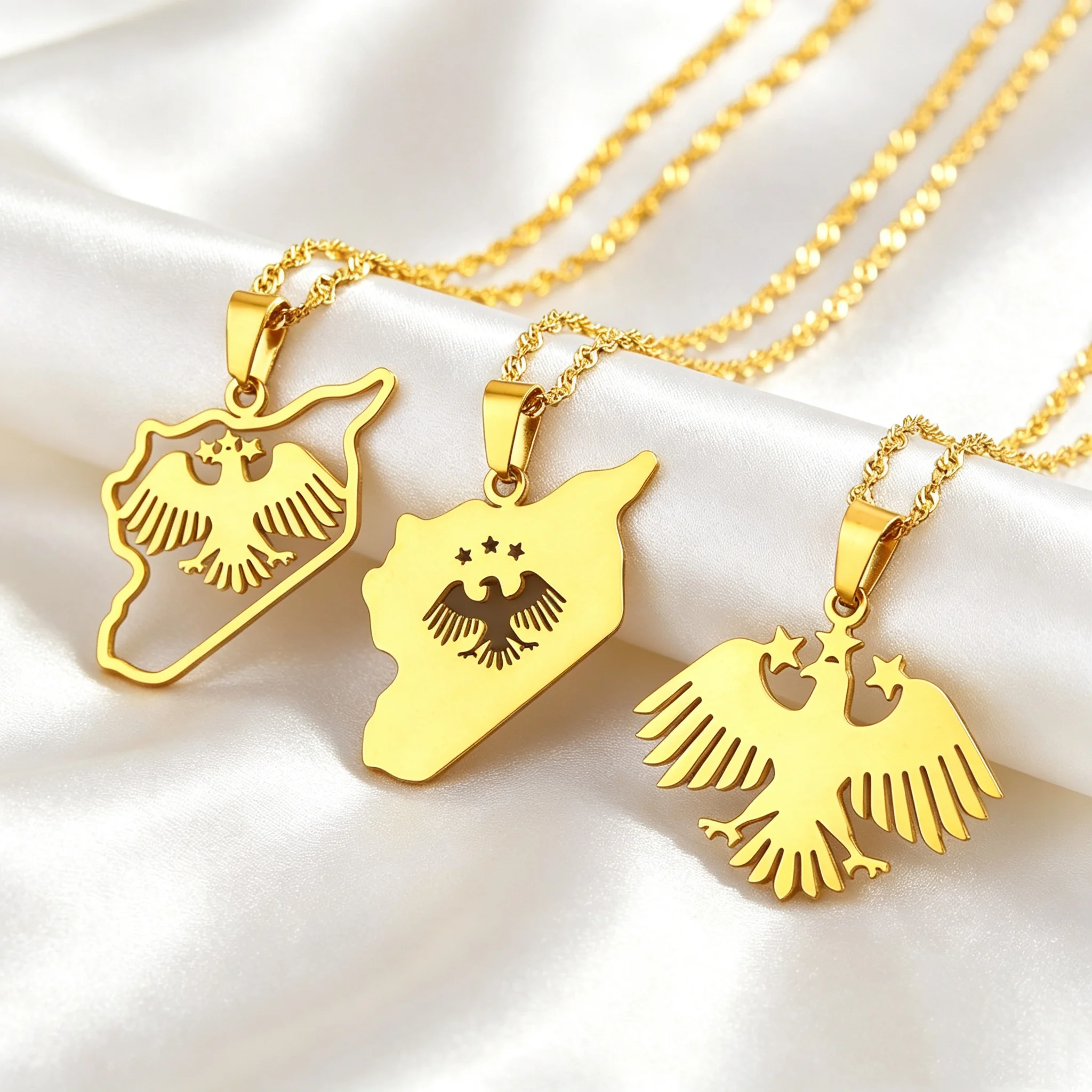 US EU Hot Sale Stainless Steel Syria Eagle Map Pendant Necklace Creative Ethnic Accessories for Men Women Party Anniversar Gift