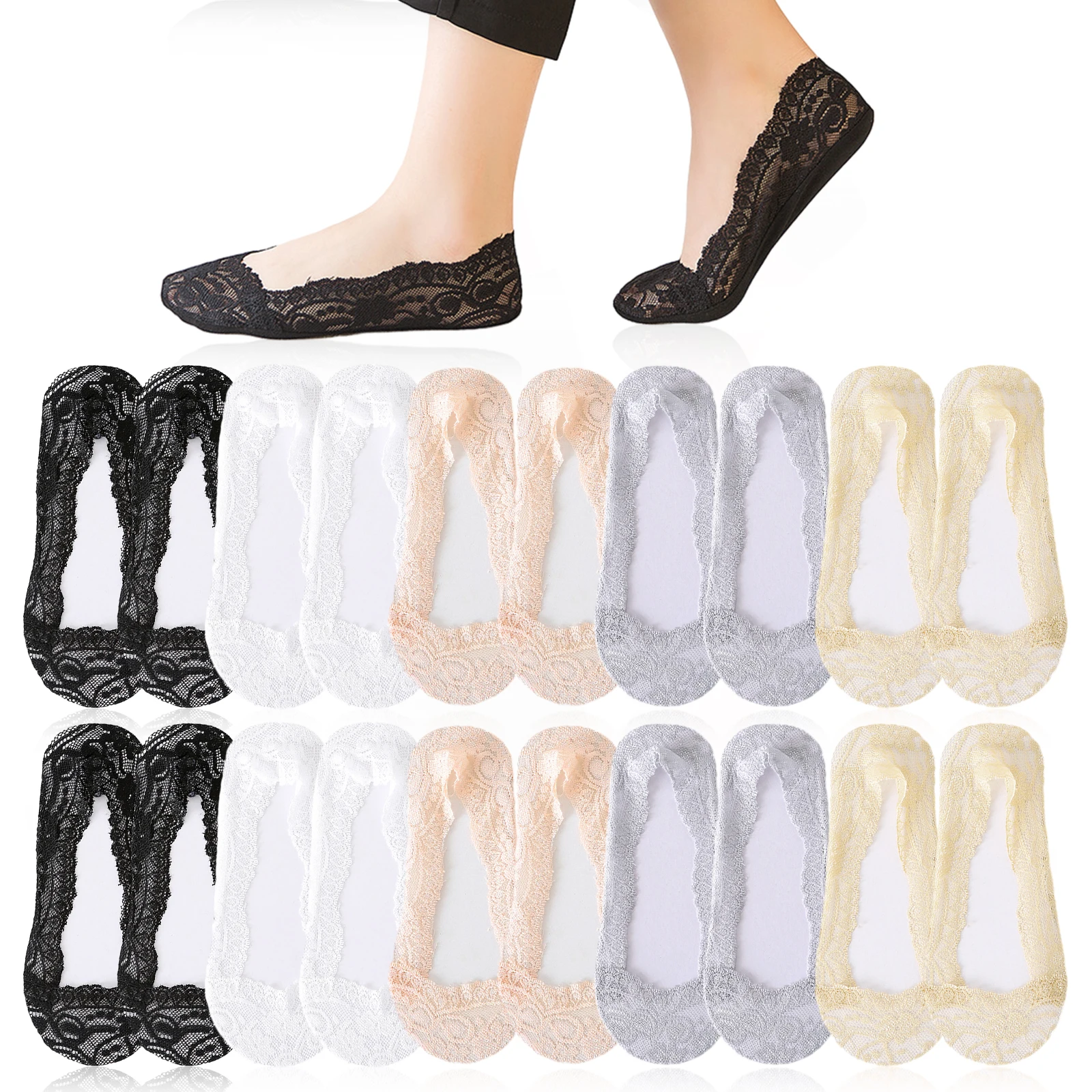 10pairs Invisible Slipper Socks For Women Anti-slid Bottom Lace Pattern Skin-friendly Women Summer