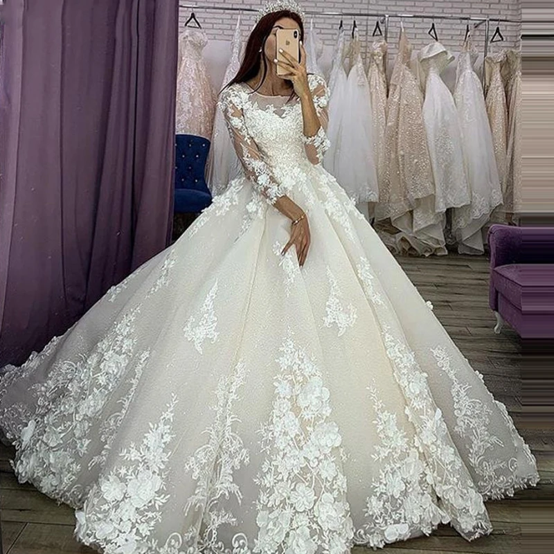 Luxury O-Neck 3D Flowers Ball Gown Princess Bridal Dresses Glitter Tulle Wedding Dresss with 3/4 Sleeves Vestido De Noiva