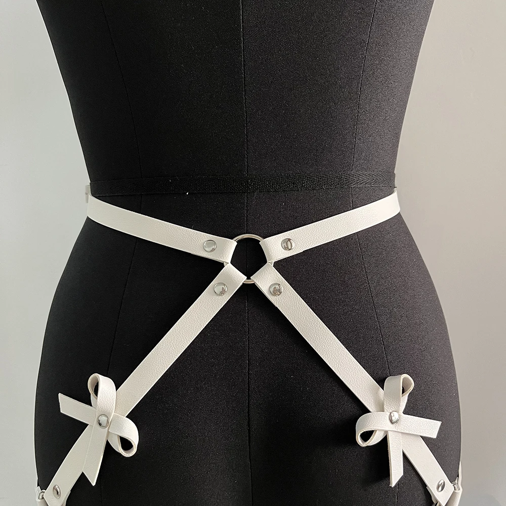 White Garter Belt Bow Thigh Garter Leather Lingerie Body Harness Bondage Suspender Sexy Harness Women Fetish Rave Accessories