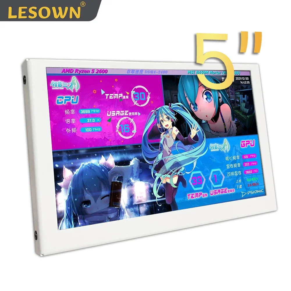 

LESOWN 5 inch IPS HDMI Secondary Screen PC Case Computer LCD Monitor 800x480 Temperature Monitoring mini Sub Display White