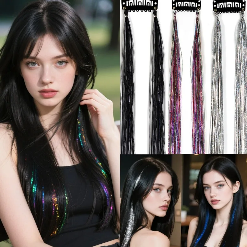 

12pcs Colorful Hair Tinsel Extensions Threads Glitter Hairclips Sparkling in Hair Y2K Shiny Hair for Women Girls Party Gifts