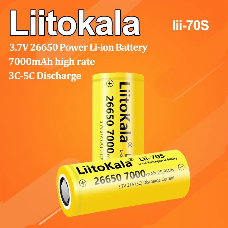 1-40 Buah LiitoKala Lii-70S 3.7V 26650 Baterai Isi Ulang Daya 7000Mah Tingkat Tinggi 3C-5C Pengosongan untuk Peralatan Listrik Mainan Flash