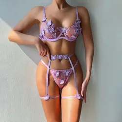 Sexy Lingerie Gathered Sensual Three-dimensional Butterfly Embroidered Bra and Thong Outfits Erotic Underwear for Women Gathers