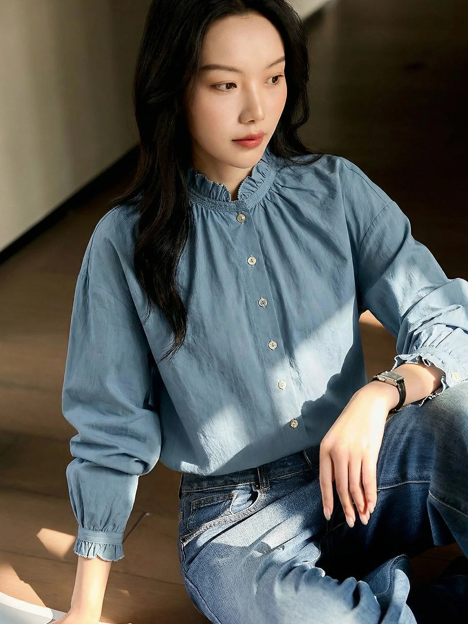 

Художественная женская блузка из чистого хлопка с длинным рукавом, свободного кроя, с цветочным воротником, весенняя, модная, омолаживающая, дышащая, комфортная