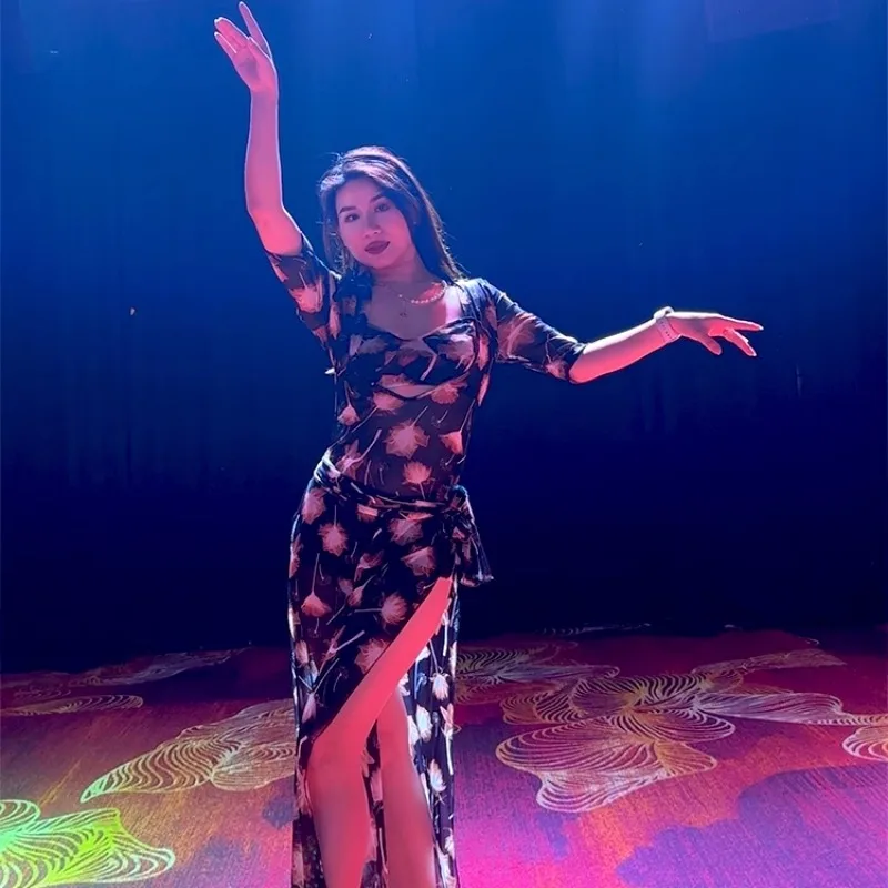 Customized Bellydance Costume Practice Robe 5Pcs Printed Dress Mid-Sleeve Dress Robe Headscarf Tube Top Waist Scarf Safety Pants
