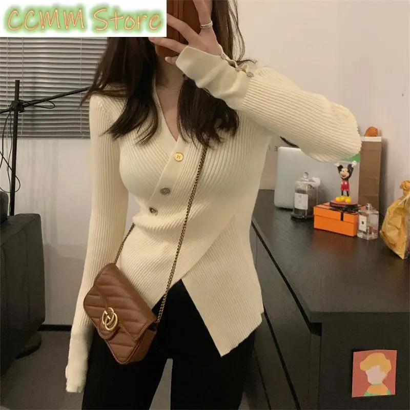 New Autumn Winter Pure Desire Irregular Thin V-neck Sweater Women's Pullover Cross Fit Split Long Sleeve with Bottom Knit Top