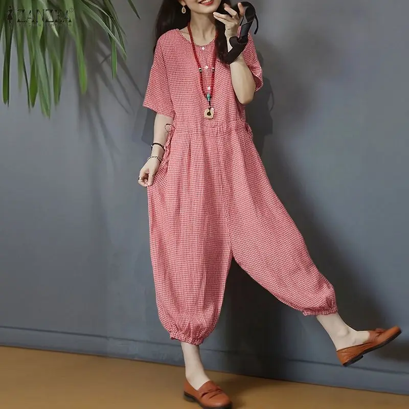

2026 Summer Women Jumpsuits ZANZEA Casual Loose Wide Leg Trousers Fashion O Neck Half Sleeve Work Playsuits Baggy Plaid Rompers