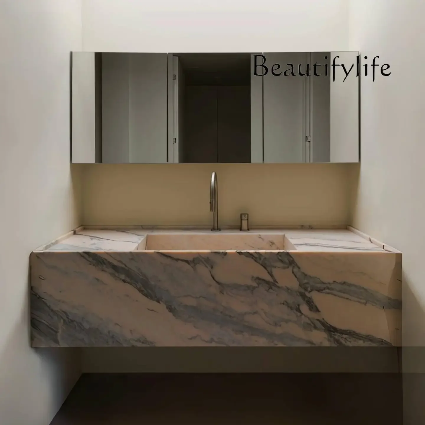 

AL Y Italian Vintage Smoke Pink Wall Hung Sink: Narrow Edge Deep Basin & Anti-Mold Quartz - Luxury Stone Bathroom Vanity