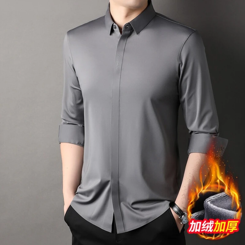 Ultra Stretch Men's Double-Breast Seamless Shirt, Fleece Lined, Live-Streaming Bestseller, Navy Blue White Gray Black​ ​