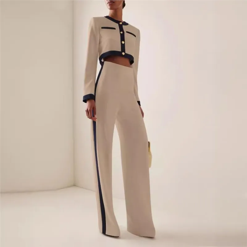 New Fashion Women's Pants Set Patchwork Long Sleeve O-neck Top and Elegant Trousers Suit 2024 2 Piece Sets Outfits Tracksuit