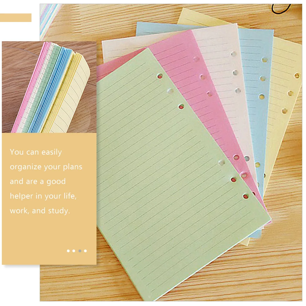100pcs A5 Planner Inserts Lined Loose Leaf Notebook Refills Colorful 6 Ring Binder Paper Notepad Travel Study Office Use