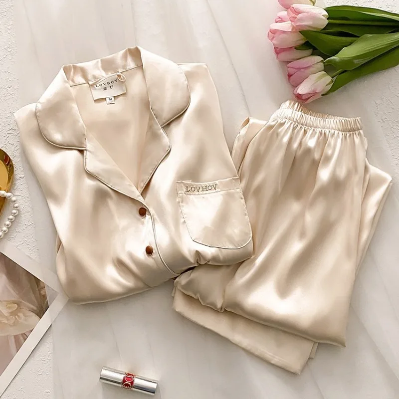 New Women's Silk Pajamas Set Long Sleeved Lightweight Loungewear for Spring Summer Thin Mulberry Silk Perfect for Winter