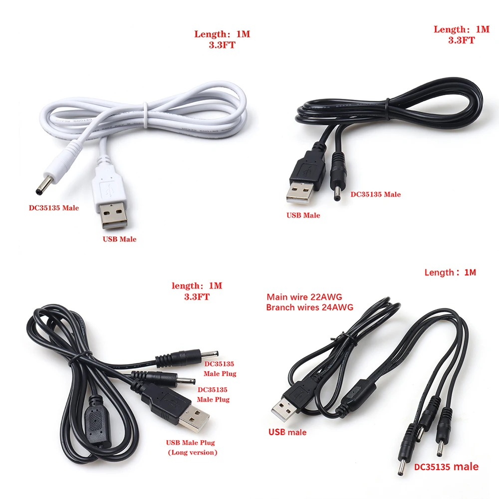 【LANO】USB A Male to DC35135 3.5*1.35mm DC Power Cable 1M Power Only Splitter 1 to 2/1 to 3/Single Plug for LED Light Monitor Lig